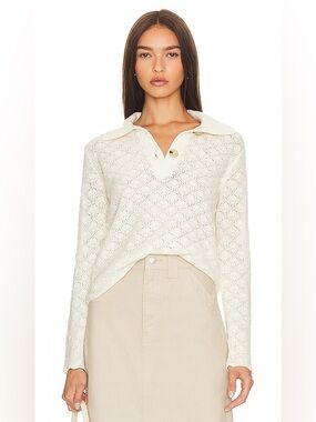 Vince Lace Stitch Wool Cashmere Blend Polo Sweater Cream L